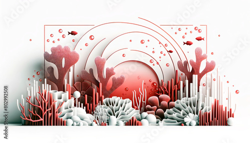 Modern 3D rendering of a stylized red coral structure, ideal for environmental themes and Reef Day promotions. Offers ample copy space for messaging. 