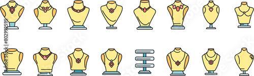 Jewelry dummy icons set outline vector. Bust chain. Diamond fashion thin line color flat on white