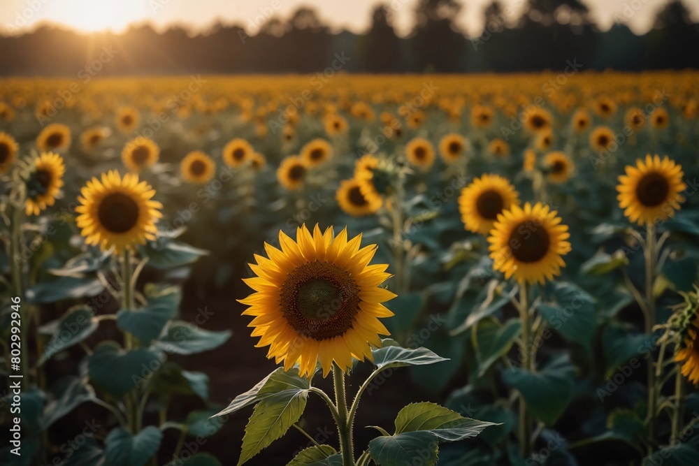 Illuminate your products with our stunning sunflower field imagery. Vibrant blooms and warm light create an inviting backdrop for advertising sunflower oil and cosmetics.