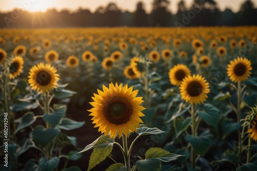 Illuminate your products with our stunning sunflower field imagery. Vibrant blooms and warm light create an inviting backdrop for advertising sunflower oil and cosmetics." A Digital Artwork ar 3:2
