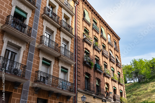 Balconies of old houses next to the park of the temple of Debod, in Madrid.
