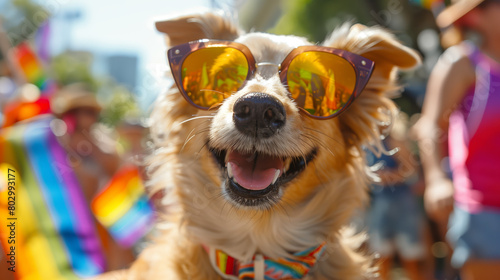 A dog in sunglasses struts along the summer pride month parade route, surrounded by waving rainbow flags, embodying celebration
