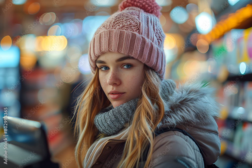 A woman wearing a pink hat and a scarf is standing in a store A woman wearing a pink hat and a scarf is standing in a store