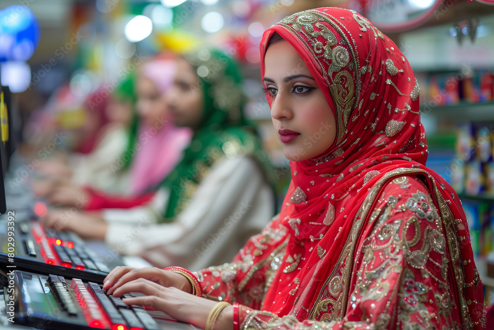 A woman wearing a red scarf is typing on a laptop. She is surrounded by other women who are also typing on laptops. A woman wearing a red scarf is typing on a laptop. She is surrounded by other women who are also typing on laptops.