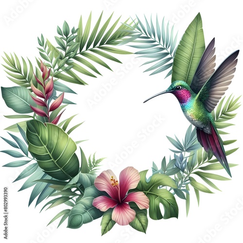 Isolated watercolor illustration of a frame with tropical plants and hummingbird. Invitation card. Greeting card. 