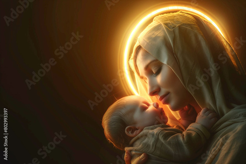 Virgin Mary with her son Jesus in her arms, A mother is holding her baby in her arms photo