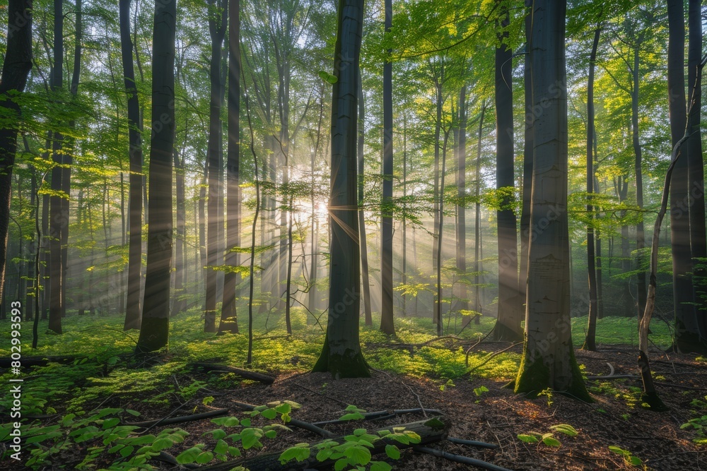 Obraz premium Sunlight filtering through lush green forest canopy, creating beautiful natural rays