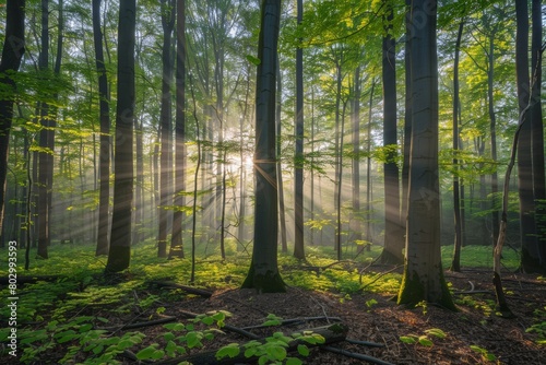 Sunlight filtering through lush green forest canopy, creating beautiful natural rays © Andrei