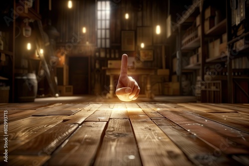 A hand with the index finger pointing at an object on a wooden floor of the attic. Hint. Cartoon illustration of a game scene. Shelves and boxes in game level. Cue. Gesture. Direction. Sign photo