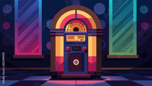 An old school jukebox stands in the corner of the room its glowing lights reflecting off the walls covered in vinyl records. Vector illustration