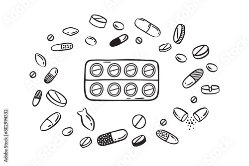 Doodle sketch pills set, capsule and vitamin isolated. Hand drawn medical pills icon. 