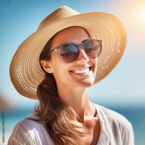 Hübsche Frau mit hat gute Laune in Strohhut und Sonnenbrille vor eine Blaue Hintergrund. 