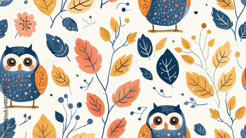 owl bird with autumn tree refreshing positive feeling, seamless pattern nursery design cartoon style illustration with grungy texture, Generative Ai
