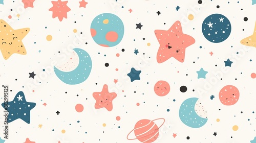 cute celestial sky elements seamless pattern nursery design cartoon style illustration with grungy texture, Generative Ai