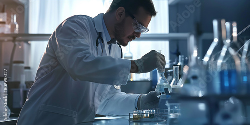 A image of a doctor or medical researcher working in a laboratory, conducting experiments and analyzing data to advance medical science