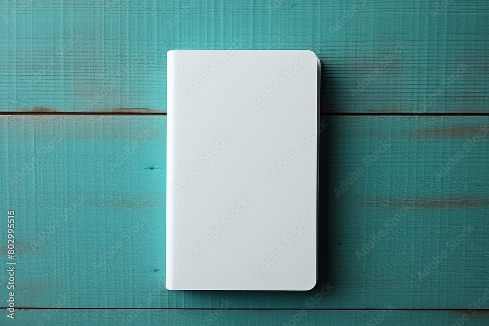 Empty White Journal on Blue Background with Rustic Wooden Texture Empty White Journal on Blue Background with Rustic Wooden Texture