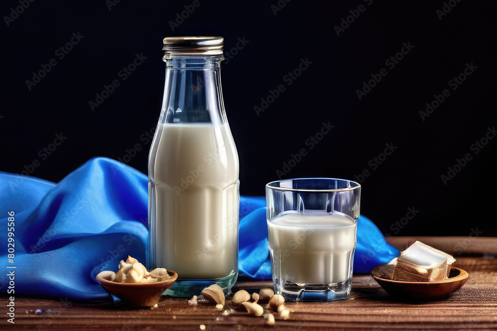 A bottle of milk and glass of milk on a wooden table on a blue background A bottle of milk and glass of milk on a wooden table on a blue background