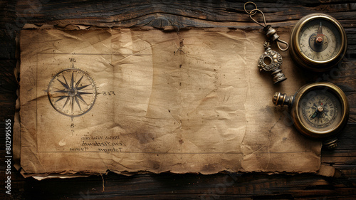 A compass and a pocket watch are on a piece of paper photo
