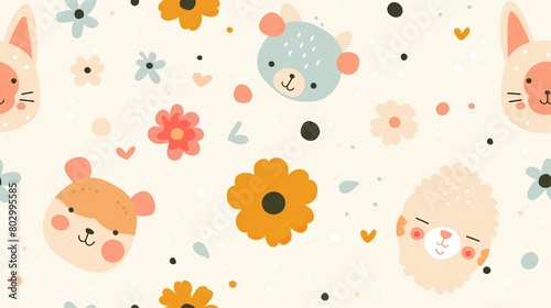 baby animal cute bear cup with flower blossom, seamless pattern nursery design cartoon style illustration with grungy texture, Generative Ai
