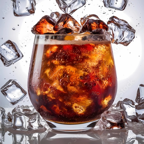 Ice falling in a cola drink. Ai generative photo