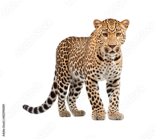 Alert and poised  a full-bodied leopard stands gracefully  isolated on a transparent background. Generative AI
