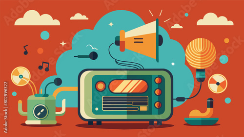 The air is filled with the low hum of vintage equipment and the occasional click of a button. Vector illustration