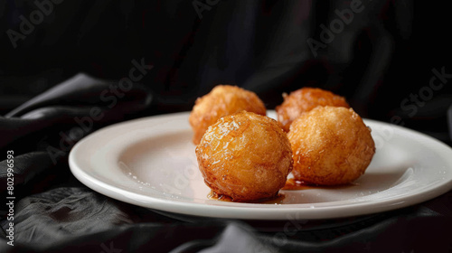 Trio of golden-brown cucur badak served on a white ceramic plate, showcasing the delicious simplicity of malaysian cuisine photo