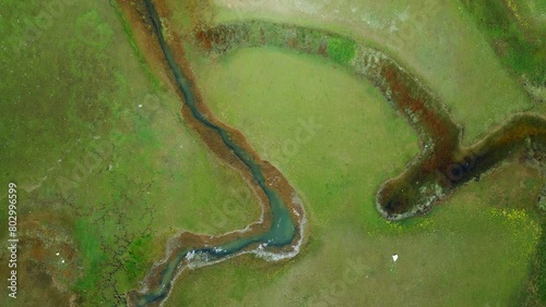 The meander in Antalya Sobucimen plateau. Aerial view of complex waterways weaving  through lush green fields photo