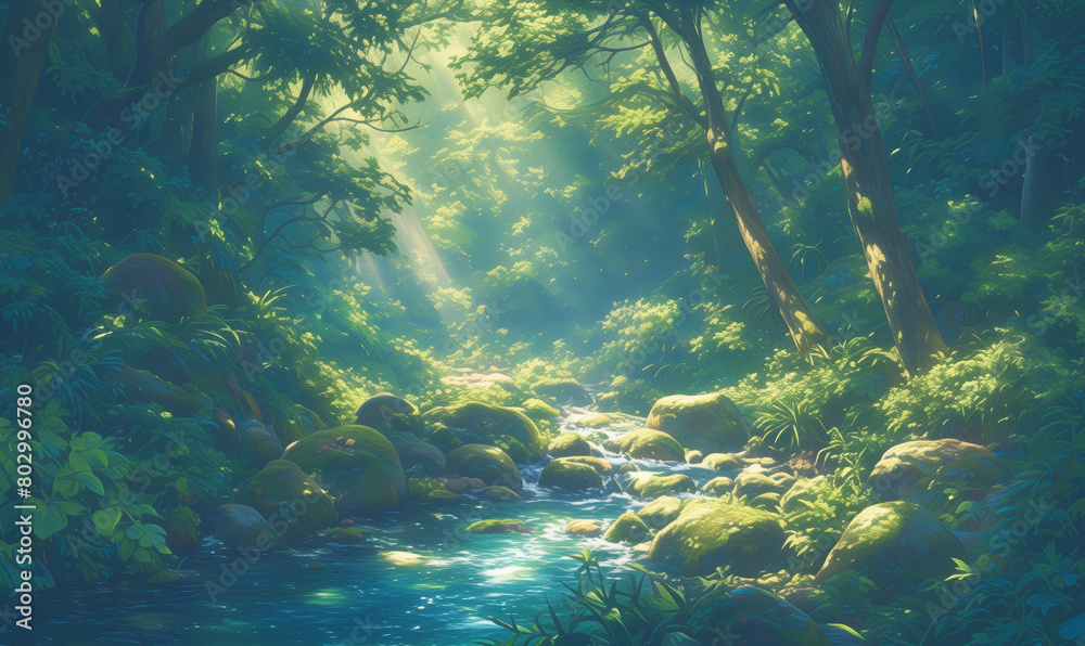 A Stream Flowing Through a Lush Green Forest. The lush canopy overhead creates dappled sunlight on the forest floor, illuminating the crystal-clear water reflecting the surrounding greenery. A Stream Flowing Through a Lush Green Forest. The lush canopy overhead creates dappled sunlight on the forest floor, illuminating the crystal-clear water reflecting the surrounding greenery.