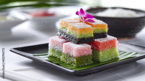 Vibrant malaysian kuih on a banana leaf, delicately plated for a culinary presentation, showcasing the variety of colorful asian sweets