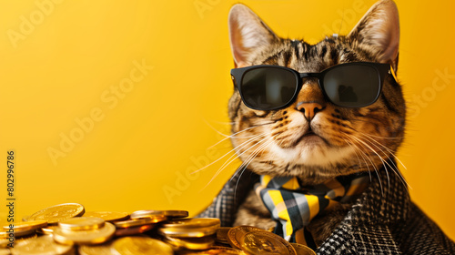 A pile of gold coins forms the backdrop for a cool, rich cat wearing a stylish suit and sunglasses against a vibrant background. The image exudes luxury and sophistication.