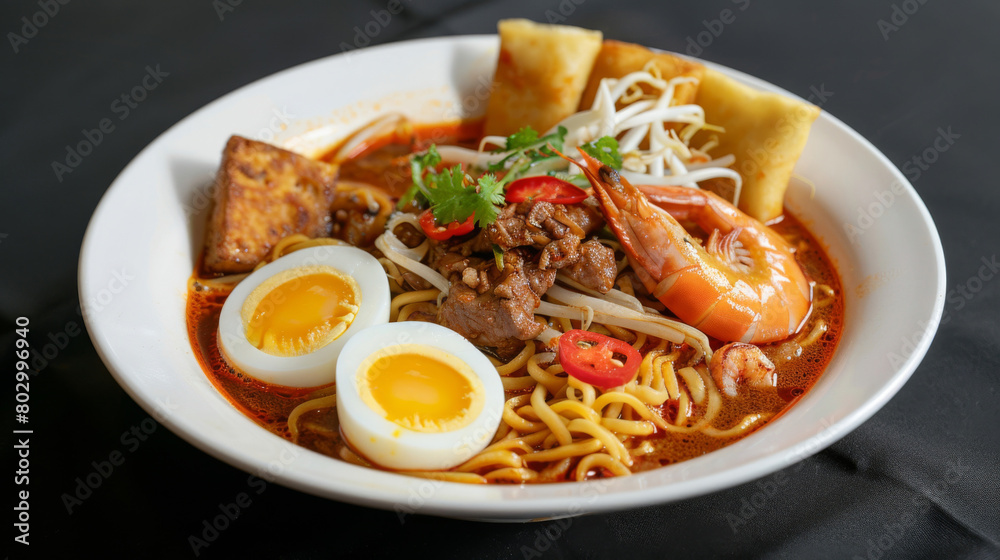 Savory malaysian ramen noodle soup with shrimp, egg, beef, and fresh vegetables served on a dark background