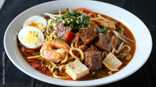 Delicious malaysian curry mee with prawns, tofu, egg, and fresh herbs in a flavorful coconut milk broth