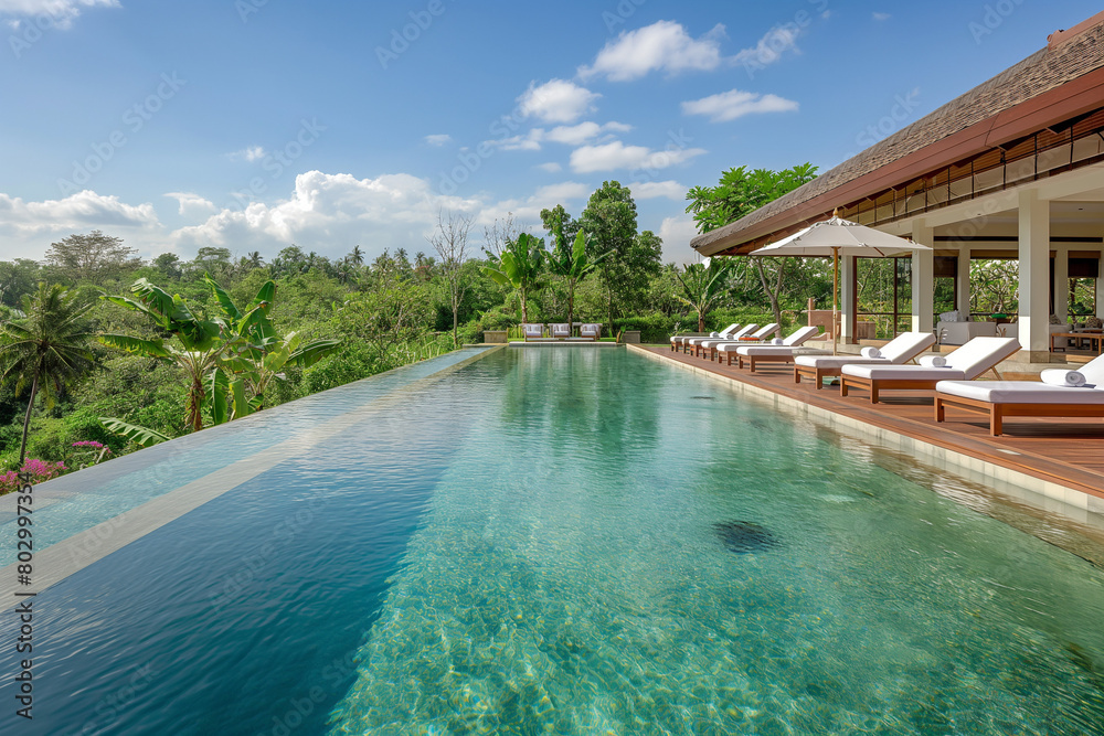 pool in tropical resort, At the heart of the villa lies a magnificent swimming pool, its crystal-clear waters shimmering under the sun's warm embrace