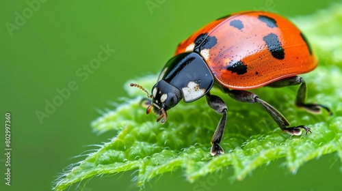 Ladybug resting on a colorful leaf, nature s beauty captured in a serene moment of tranquility