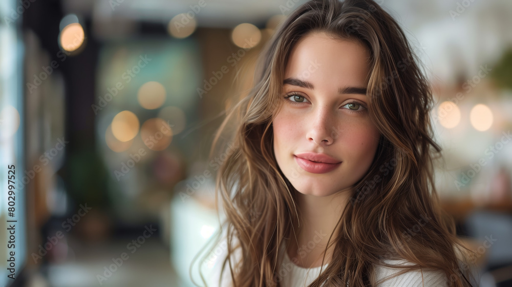 A young, beautiful woman with long, healthy brown hair is depicted in a salon, showcasing a stylish hairdo. The image exudes a sense of beauty and confidence, with copy space A young, beautiful woman with long, healthy brown hair is depicted in a salon, showcasing a stylish hairdo. The image exudes a sense of beauty and confidence, with copy space