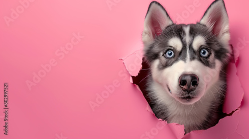 A playful Siberian Husky bursting through a paper wall with excitement, its fur slightly ruffled and ears perked up. photo