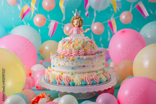 birthday cake and balloons  At the top of the cake  a whimsical topper takes center stage  perhaps a fondant figurine of the birthday girl herself  or a sparkling crown that proclaims her the queen of