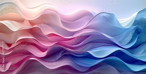 abstract background with waves of blue, pink and white colors, soft shapes and curves, elegant composition, closeup