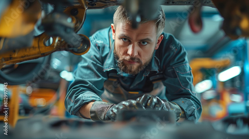A mechanic wears a jumpsuit inspect the underside of a car in a garage, preparing for repair work. focused on diagnosing and repairing any issues.
