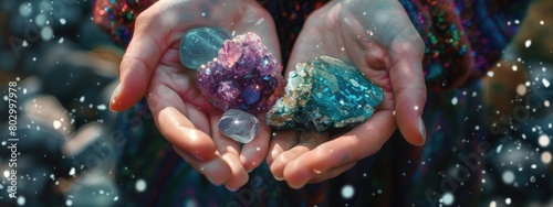 Space stones crystals in hands. Selective focus.