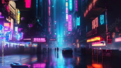 Cars in a cyber city with tall buildings