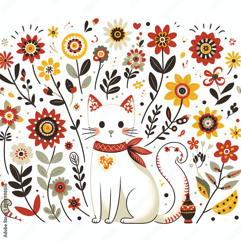 Simple folk style illustration of a cat with red and yellow flowers. Simple folk style illustration of a cat with red and yellow flowers.