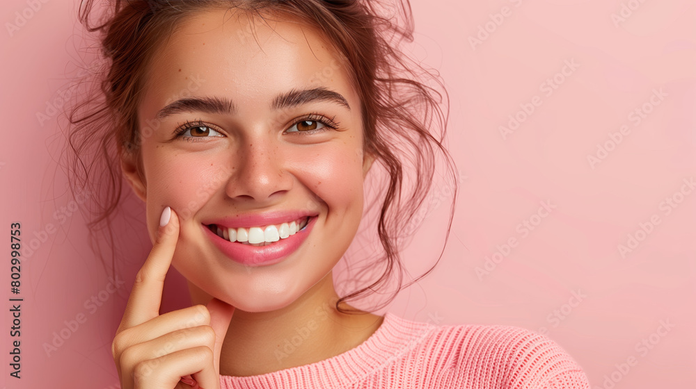 A woman smiles confidently, pointing to her gleaming teeth with one hand, showcasing their health and vitality. The image exudes positivity and self-assurance, promoting dental hygiene and wellness. A woman smiles confidently, pointing to her gleaming teeth with one hand, showcasing their health and vitality. The image exudes positivity and self-assurance, promoting dental hygiene and wellness.