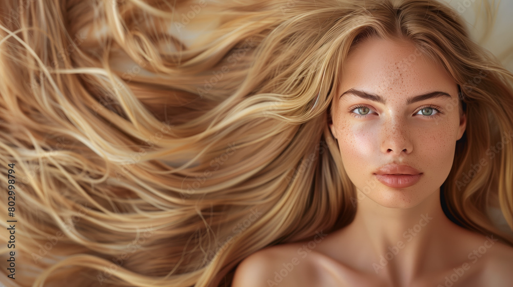 A young, beautiful woman with long, healthy blonde hair is depicted in a salon, showcasing a stylish hairdo. The image exudes a sense of beauty and confidence, with copy space A young, beautiful woman with long, healthy blonde hair is depicted in a salon, showcasing a stylish hairdo. The image exudes a sense of beauty and confidence, with copy space