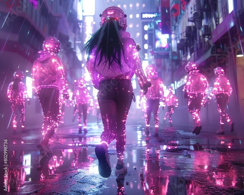 Transport beholders to a cyberpunk cityscape where holographic dancers blend intricate street dance styles, creating a fusion of urban grit and virtual wonder photo