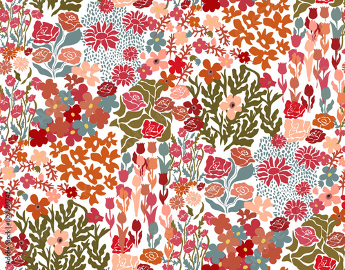 Colorful floral filed background, summer time seamless pattern. Cute tiny flowers aesthetic contemporary design for textile prints.
