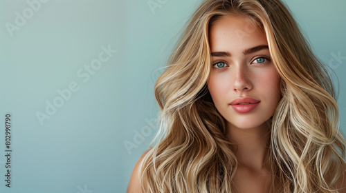 A young, beautiful woman with long, healthy blonde hair is depicted in a salon, showcasing a stylish hairdo. The image exudes a sense of beauty and confidence, with copy space