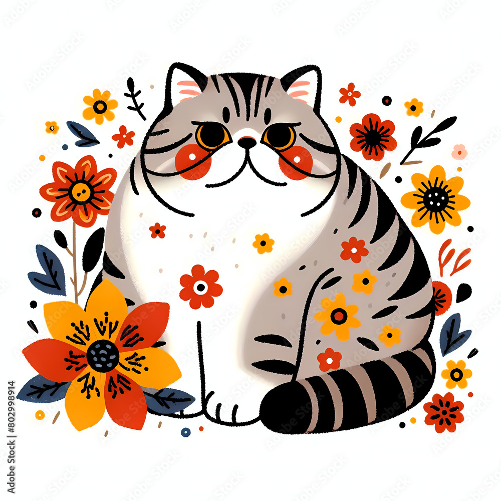 Obraz premium Simple folk style illustration of a cat with red and yellow flowers.