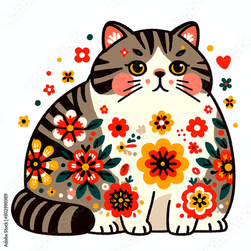 Simple folk style illustration of a cat with red and yellow flowers.